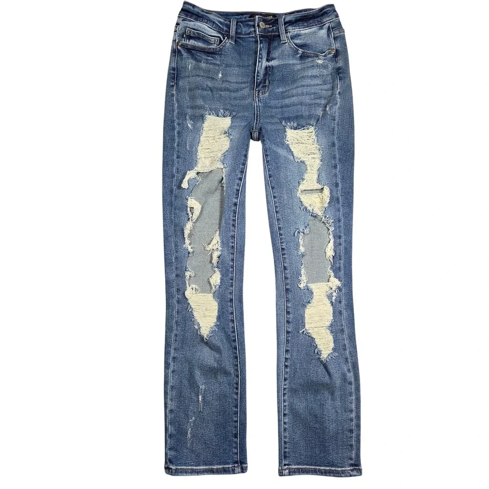 Judy Blue Womens Straight Fit Jeans 28 Distressed Medium Wash Preppy Boho Casual